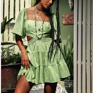 Free People Womens Cutout Tiered Cross Of Sunlight Mini Dress Green Small